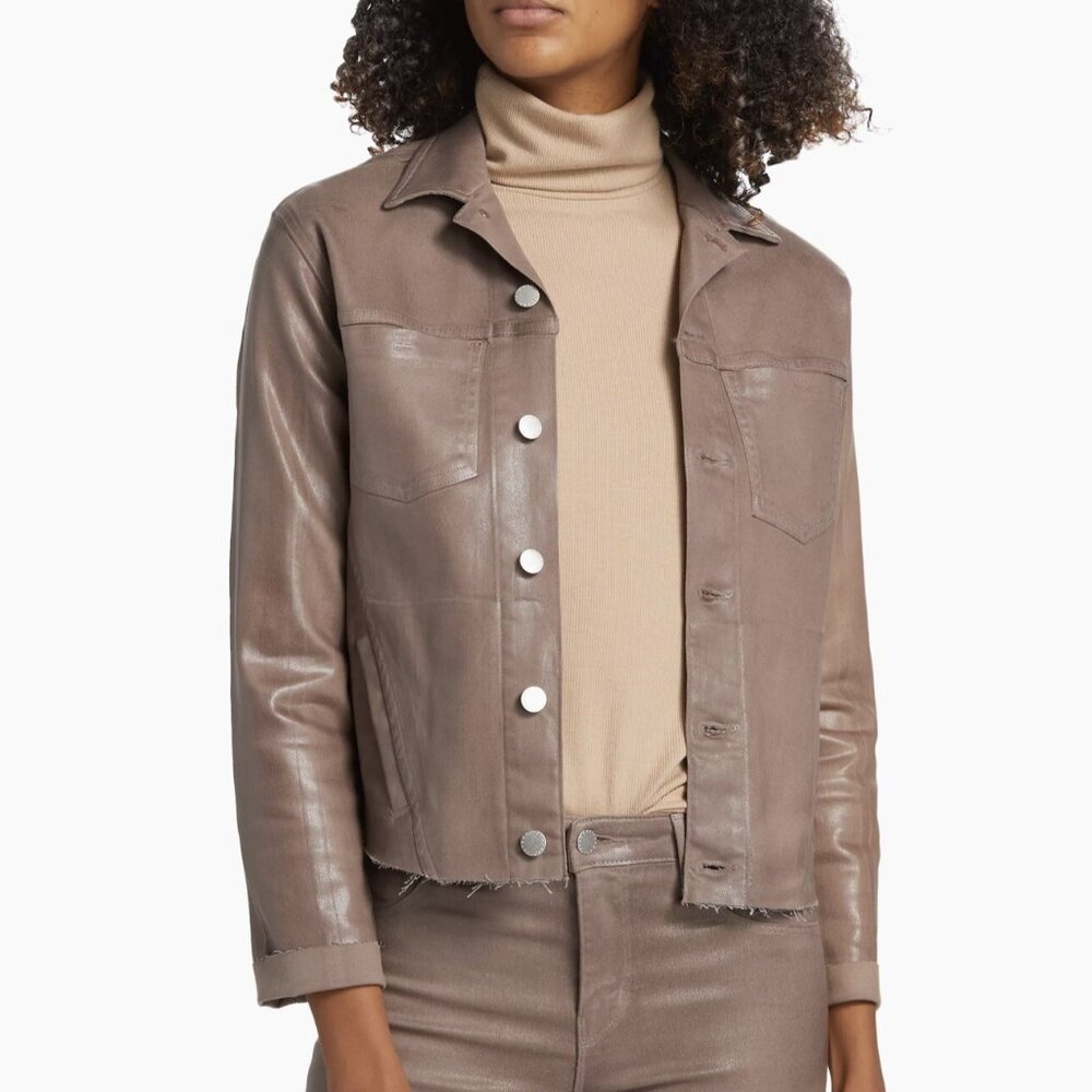 L’AGENCE Janelle Coated Denim Fitted Jacket • Medium • Deep Taupe • Pristine!